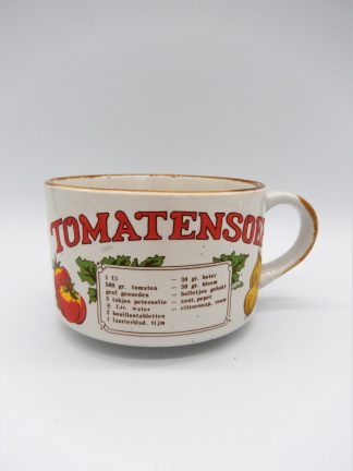 vintage soepkom tomatensoep met recept op voorkant