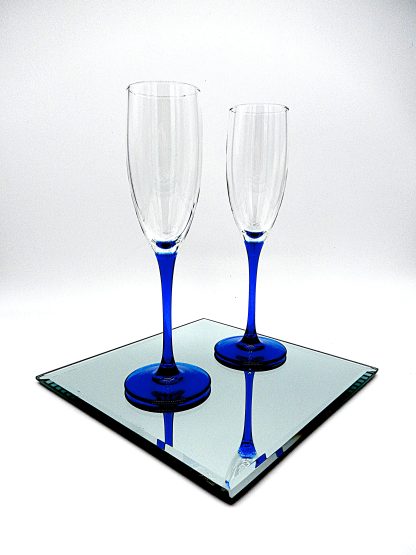 Vintage Champagne flutes van Luminarc serie Neptune blauwe steel en voet