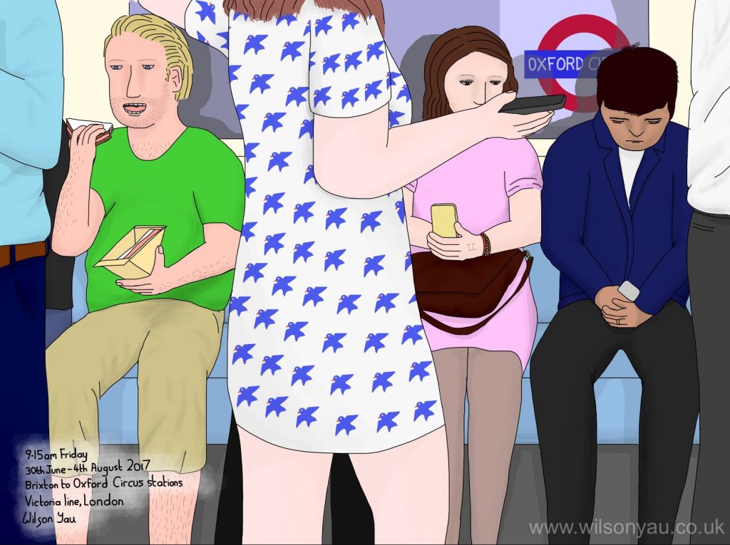 9.15am, Friday 30th June 2017, Brixton to Oxford Circus stations, Victoria line, London, England.