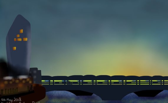 Sunset at Bankside and Blackfriars Railway Bridge, London, England, 5th May 2018 (Drawing 1113)