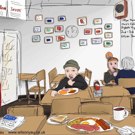 Drawing of the inside of Chris’s Cafe, Digbeth