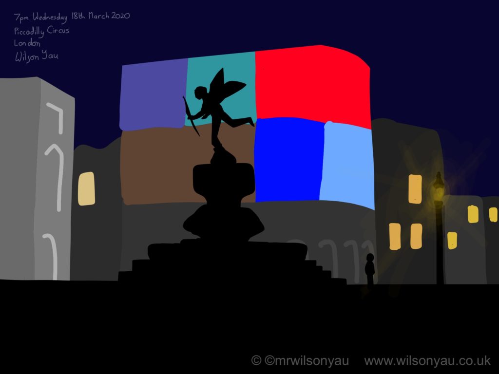 Drawing of night time at Piccadilly Circus, London, England