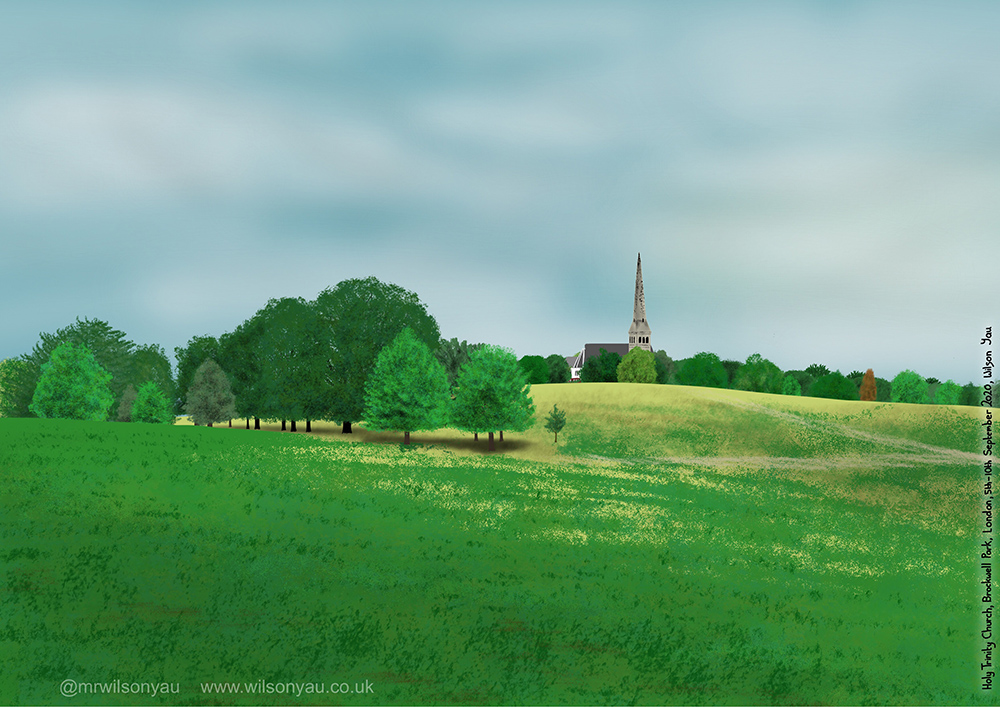 iPad drawing of Brockwell Park showing green trees and a church spire over grassy slopes.