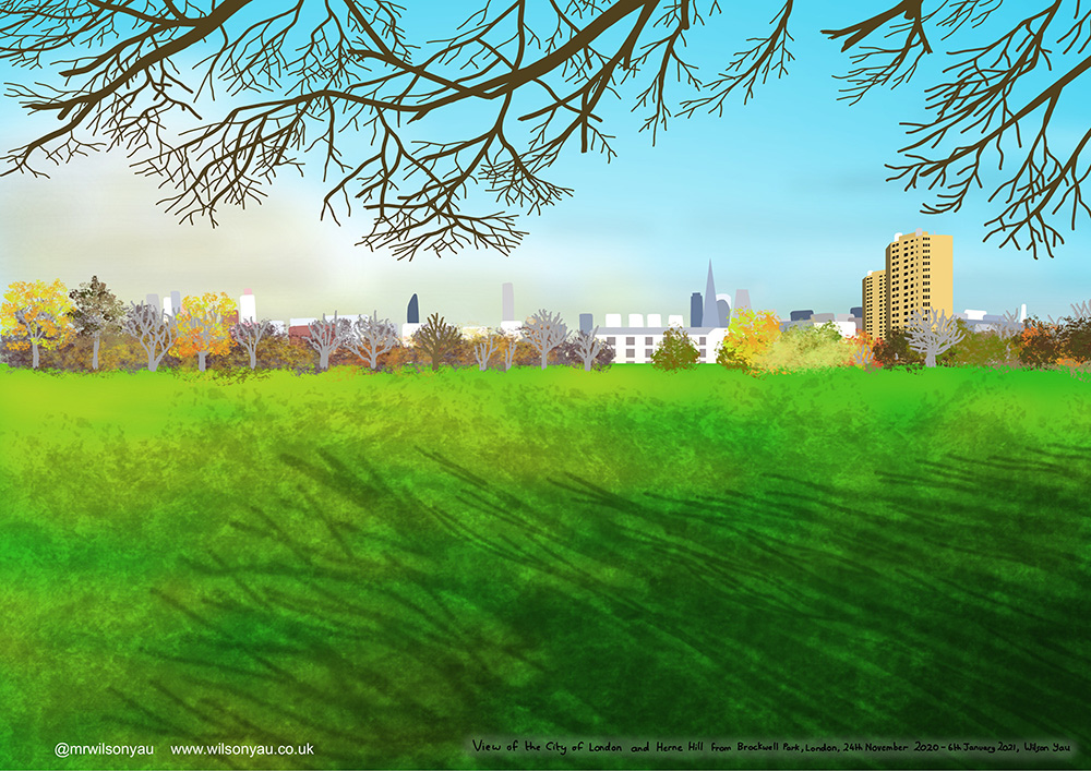 iPad drawing of an expanse of short green grass in the foreground with the shadow of trees, in the distnace is a panoramic view of the City of London and its skyscraper including the Shard. 