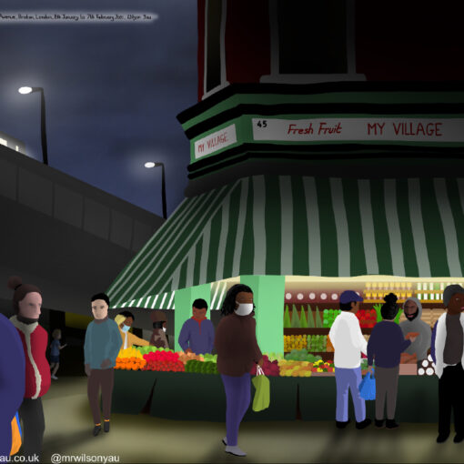 iPad drawing of Electric Avenue in the evening, with fruit stalls and crowds of people.