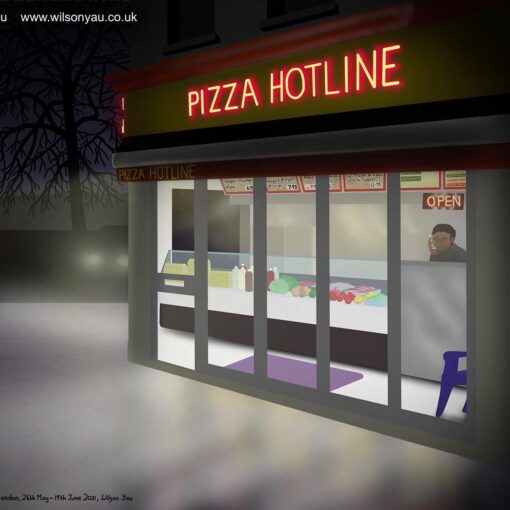 A drawing of a pizza takeaway outlet from the street in the evening, showing the name 'Pizza Hotline' in red neon lights.