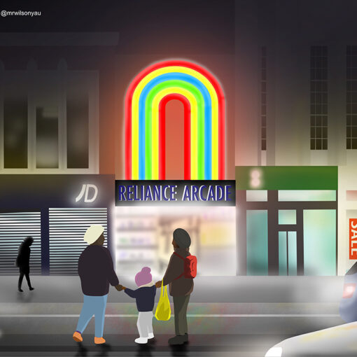 Nighttime, Reliance Arcade, Brixton Road, Brixton, London, England, drawn on an iPad 2nd July to 15th August 2021 (Drawing 1284, Wilson Yau)