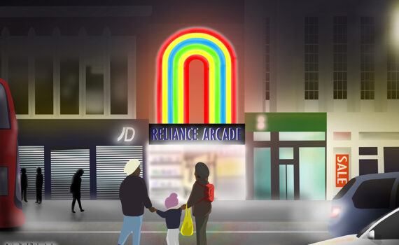 Nighttime, Reliance Arcade, Brixton Road, Brixton, London, England, drawn on an iPad 2nd July to 15th August 2021 (Drawing 1284, Wilson Yau)