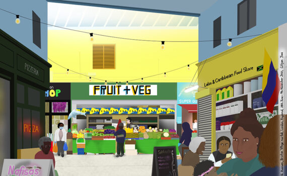 Colourful drawing of people in Brixton Village, Brixton