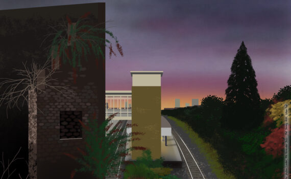 drawing of a sunset behind a dark ruined brick building and a lighter-coloured modern brick station building and platforms, railway lines and overgrown verges.