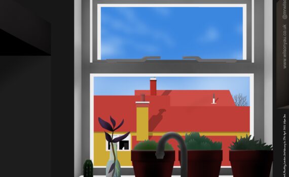 Drawing of the view looking out from a window. A tap, a clear glass bottle and four housplants in pots are in front of the window. The view is of red frooftops with chimneys and behind are blur skies