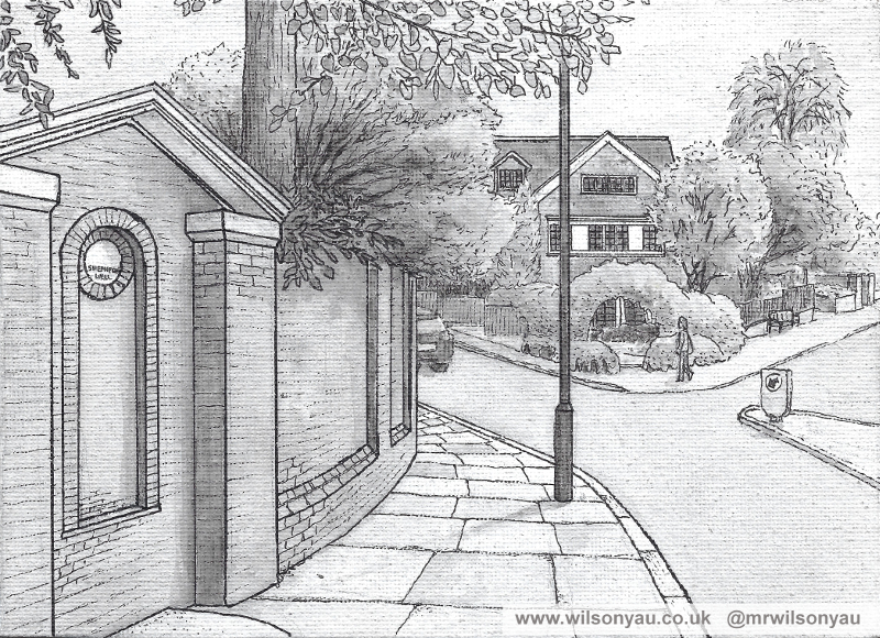 Black and white painting of a quiet and leafy residential road, a tall brick wall on the left has a round plaque with the words Shepherds Well.