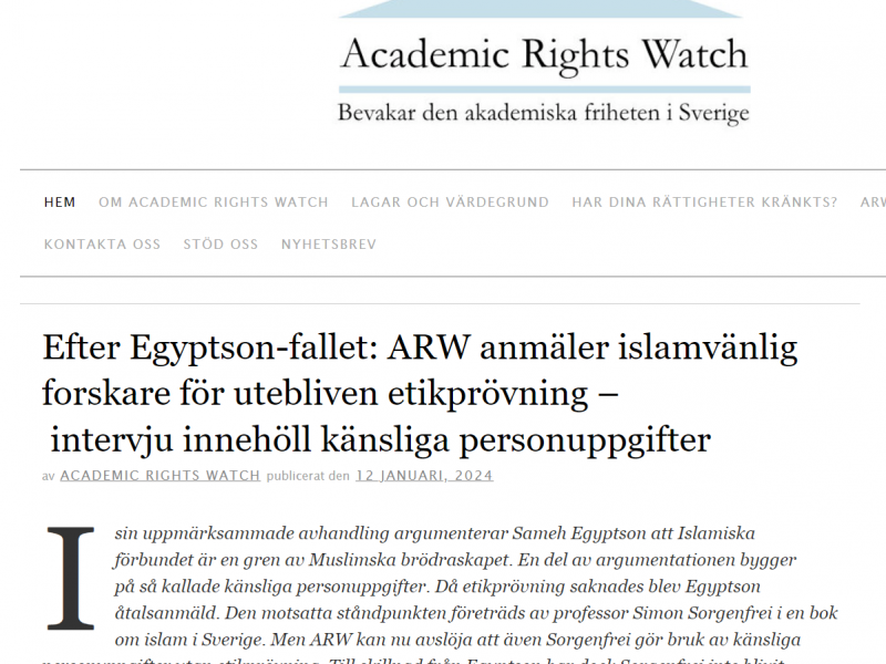 Academic Rights Watch anmäler islamvänlig forskare för utebliven etikprövning