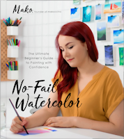 Buchcover No-Fail Watercolor, eine Frau mit burgunderroten Haaren sitzt am Tisch und malt