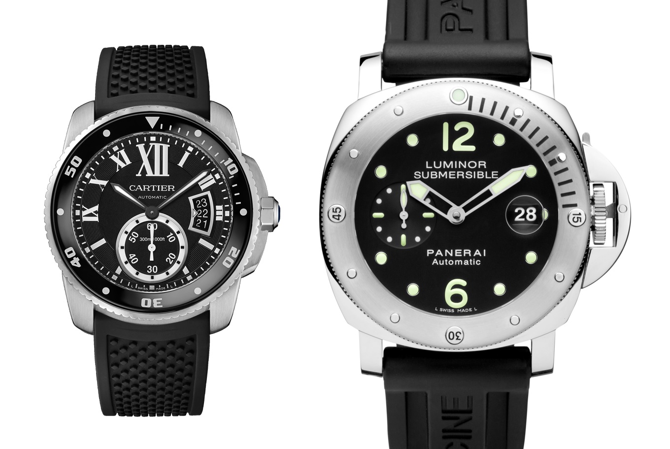 Clash of The Divers Cartier Calibre de Cartier Dive W7100056 Watch vs Panerai Luminor Submersible Acciaio PAM00024 Watch WristReview Featuring Watch Reviews Critiques Reports News