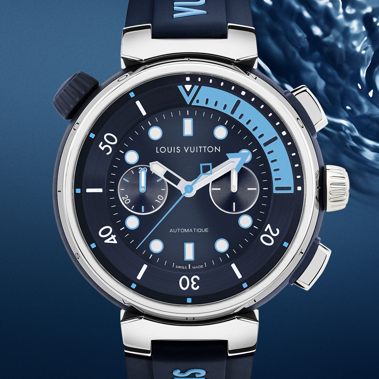 Louis Vuitton® Tambour Street Diver Chronograph, Automatic, 46MM, Steel  Blue. Size in 2023