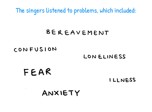 The singers listened to the problems, which included...