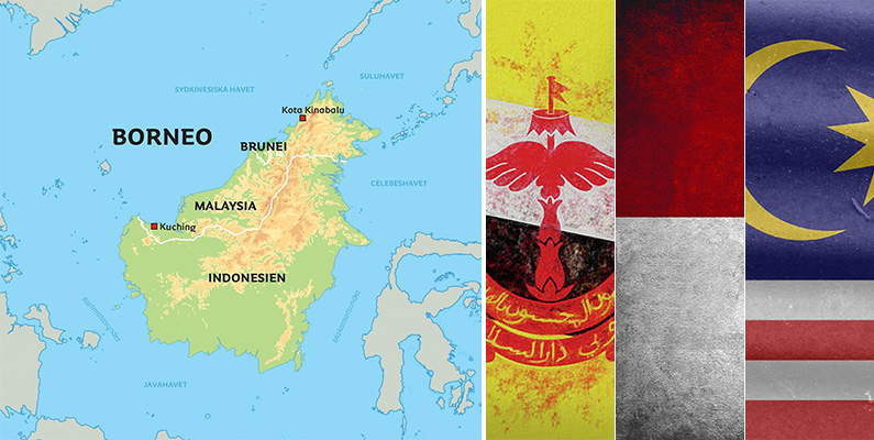 Borneo. Brunei, Indonesien, Malaysia, Asien.