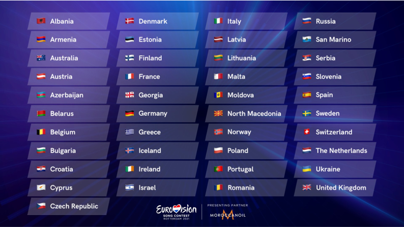41 Landen nemen deel aan Eurovisiesongfestival 2021. - 12 points