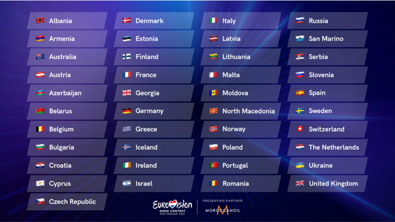 41 Landen nemen deel aan Eurovisiesongfestival 2021.