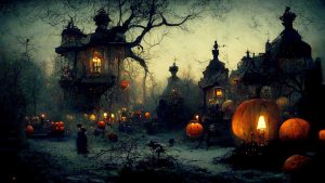 Halloween-inspirerad bild på mörka byggnader och pumplyktor.