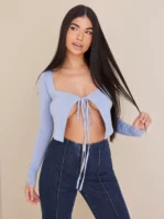 Missguided - Crop tops - Blue - Long Sleeve Tie Front Crop Top - Toppar & T-shirts
