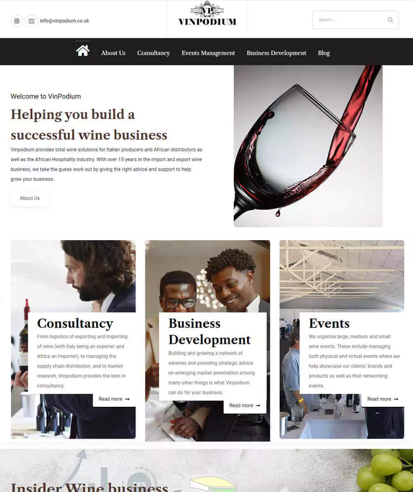 Vinpodium Website Design project Wine business consultancy in United Kingdom UK England Zambia Gold website premiercredit website