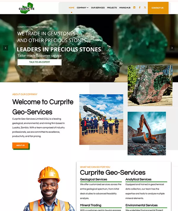 curprite-geo-services website Curprite Geo Website Design by 360nx Designs work portfolio Three Dots Agency PrimeNet Solutions Zambia Gold Website