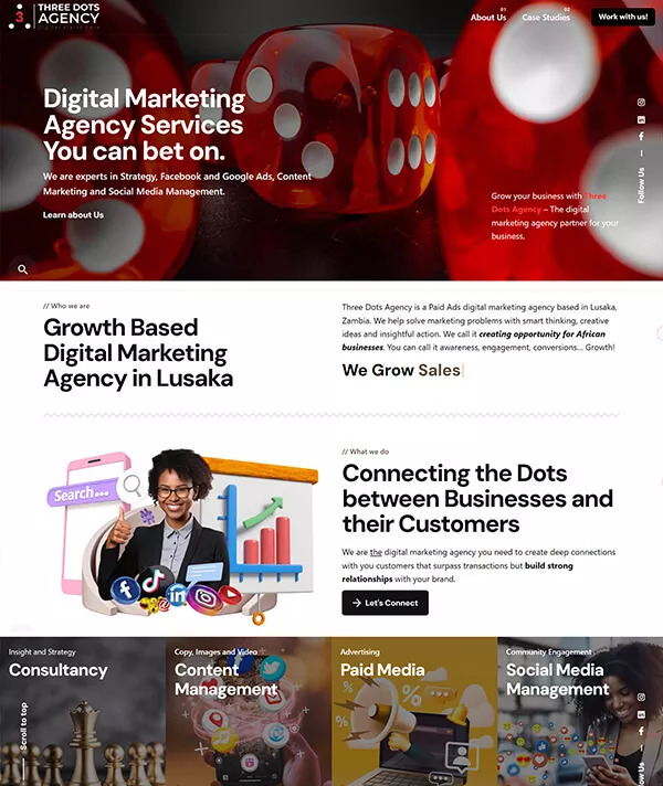 three-dots-agency website Three Dots Agency Website design in Zambia Client Portfolio ZACOMS website PrimeNet Solutions website Vinepodium website design Energy Forum for Africa