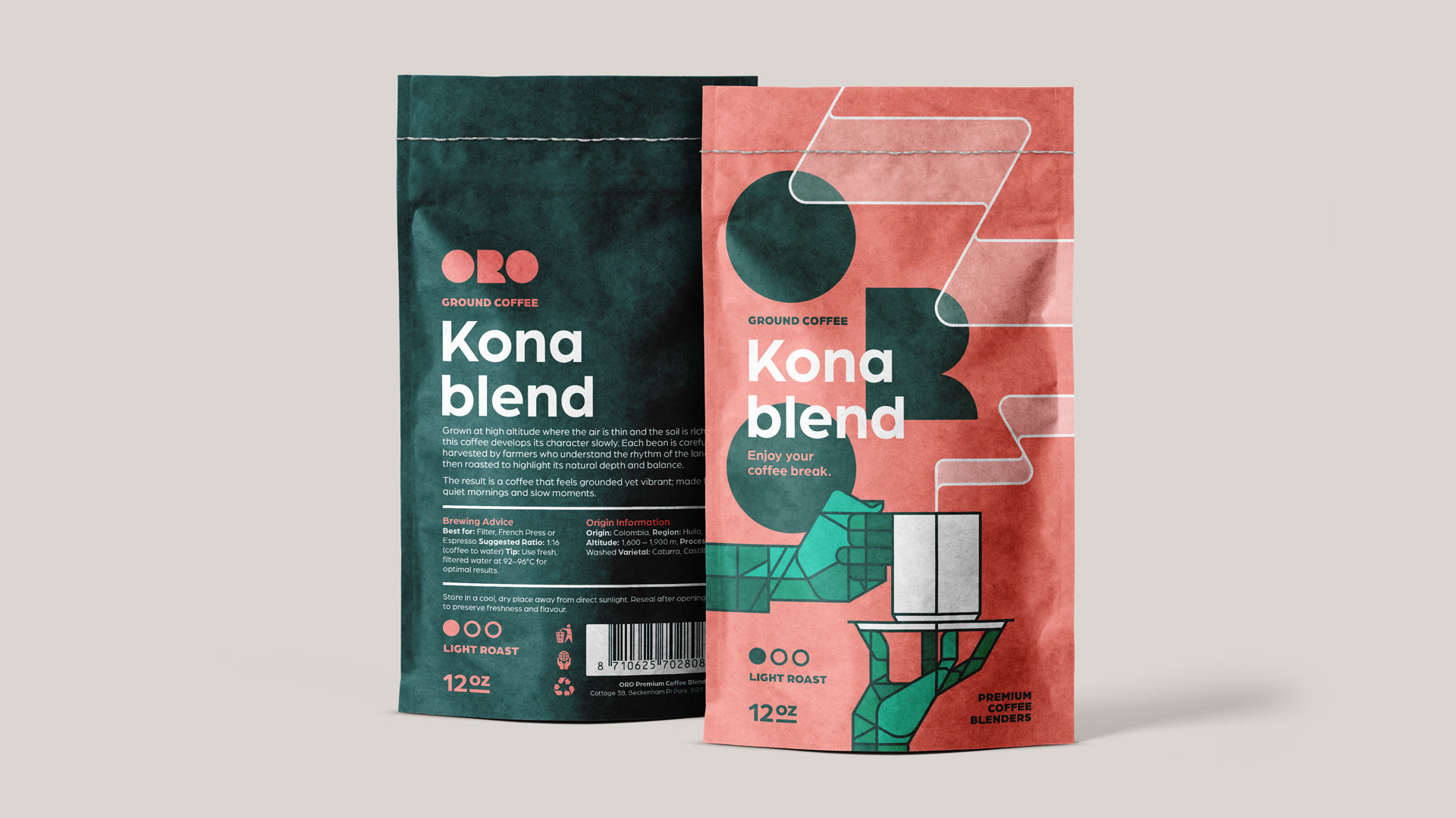 Front and back view of the ORO Kona Blend coffee packaging designed by Bart De Keyzer. Premium coffee pouch concept featuring bold typography, geometric illustration, and modern branding created by a freelance graphic designer and illustrator specialized in packaging design and visual identity systems.