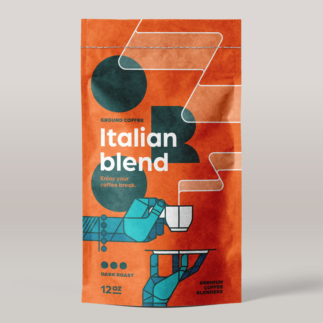 ORO Italian Blend coffee packaging concept designed by Bart De Keyzer featuring bold typography, geometric illustration, and vibrant orange tones. Premium coffee pouch branding created by a freelance graphic designer and illustrator specialized in branding and packaging design for consumer brands.