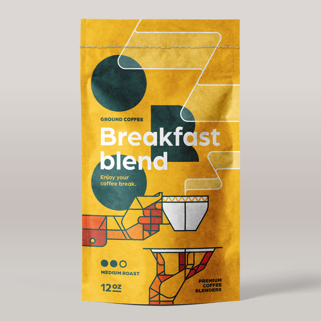 ORO Breakfast Blend coffee packaging concept designed by Bart De Keyzer featuring bold typography, geometric illustration, and vibrant orange tones. Premium coffee pouch branding created by a freelance graphic designer and illustrator specialized in branding and packaging design for consumer brands.
