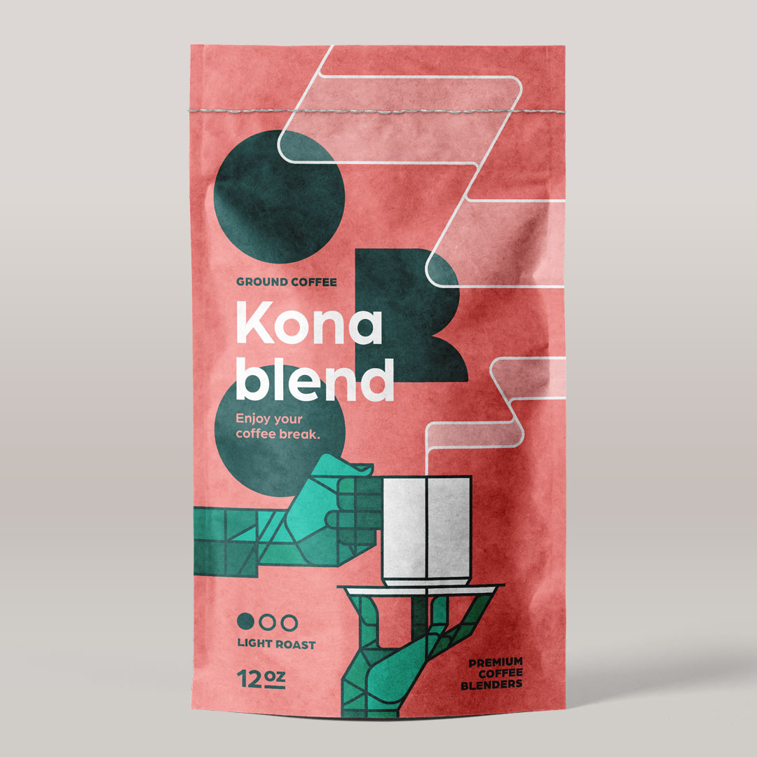 ORO Kona Blend coffee packaging concept designed by Bart De Keyzer featuring bold typography, geometric illustration, and vibrant orange tones. Premium coffee pouch branding created by a freelance graphic designer and illustrator specialized in branding and packaging design for consumer brands.