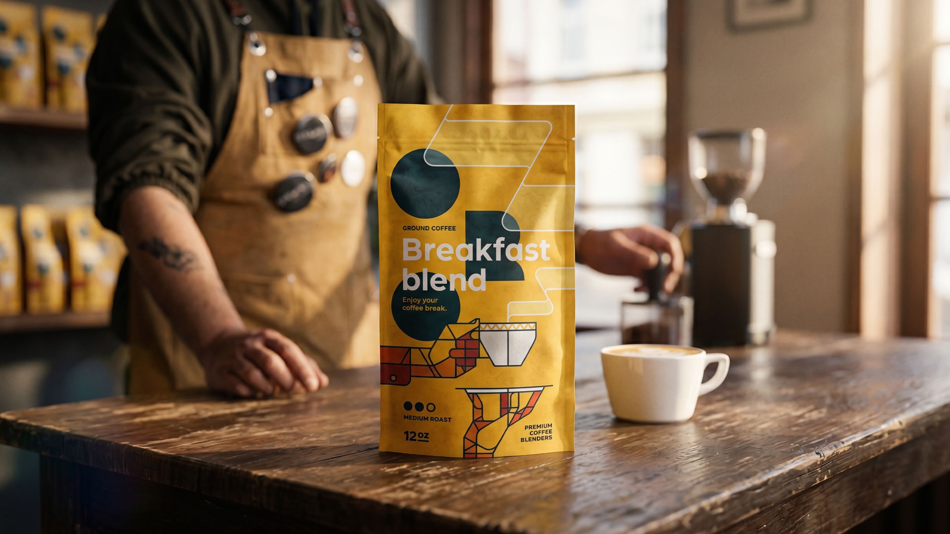 ORO Breakfast Blend coffee packaging displayed in a café environment, designed by Bart De Keyzer. Premium coffee branding concept featuring bold typography and geometric illustration created by a freelance graphic designer and illustrator specialized in branding and packaging design.