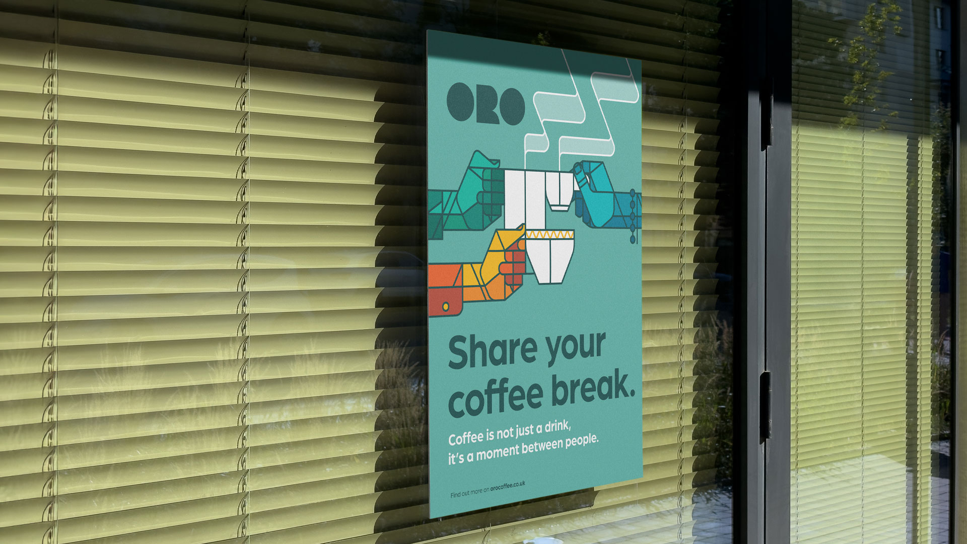 ALT text ORO coffee campaign poster displayed on a café window featuring geometric illustrations of people sharing coffee and bold typography. Promotional advertising design by Bart De Keyzer combining branding, illustration, and contemporary visual communication for a modern coffee brand.