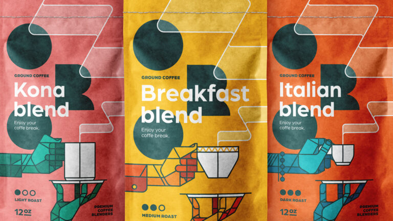 ORO coffee packaging design system by Bart De Keyzer featuring three illustrated coffee pouch concepts for Kona Blend, Breakfast Blend, and Italian Blend. Bold typography, geometric illustration, and premium branding showcase the work of a freelance graphic designer and illustrator specialized in branding and packaging design.