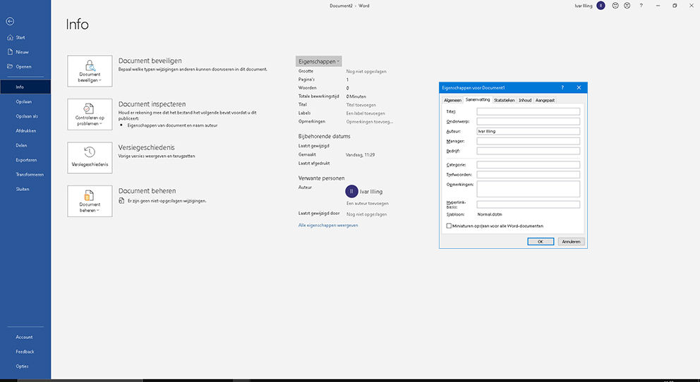 Screenshot van het pad documentinformatie in Word