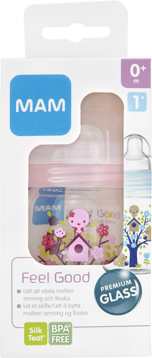 MAM Feel Good nappflaska glas 170 ml - blandade färger och mönster 1 st