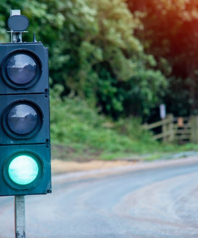 Close-up of temporary portable traffic signal  installed for road works