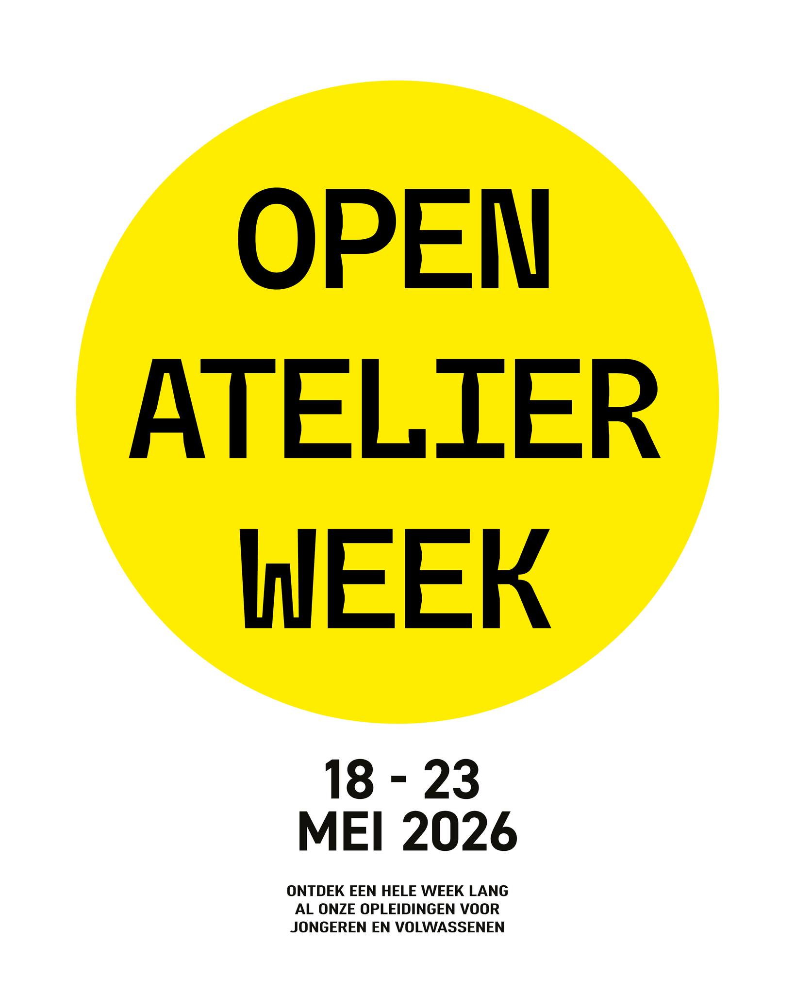 OPEN ATELIER WEEK
Tijdens de Open Atelier Week zet De Academie Brugge haar deuren open voor iedereen die nieuwsgierig is naar wat er leeft en gemaakt wordt binnen onze ateliers.

De hele week (van 18 tot 23 mei) ben je welkom om vrij binnen te lopen in de ateliers en opleidingen voor jongeren en volwassenen. Je kan lessen bijwonen, werken in uitvoering zien en kennismaken met de verschillende opleidingen en werkmethodes van de academie. 

De Open Atelier Week is er voor wie de academie beter wil leren kennen, wie twijfelt om zich in te schrijven, of wie gewoon graag komt kijken, ontdekken en inspiratie opdoen.

Hou zeker onze socials en website in de gaten. Binnenkort ontdek je het rooster en onze locaties.

KOM. KIJK. ONTDEK!