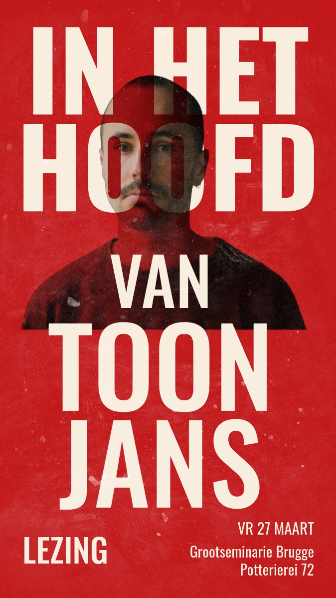 LEZING TOON JANS
📅 Vrijdag 27 maart 2026, 19u
📍Grootseminarie Brugge, Potterierei 72

'In het hoofd van...' zijn kunstenaarslezingen georganiseerd door de Academie Brugge DKO. Elke maand kan je een kunstenaar leren kennen die openlijk over zijn kunstenaarspraktijk spreekt.

De artistieke praktijk van Toon Jans ontstaat vanuit de relatie van de mens met zijn omgeving. Door heel diverse materialen aan een fotografische drager toe te voegen, focust hij met zijn visueel verhaal zowel op de verbinding als het contrast met zijn belangrijkste thema.

De lezing gaat door op 27/03 in  de aula van het  Grootseminarie Brugge, Potterierei 72 en is gratis voor iedereen die ingeschreven is in de Academie Brugge DKO. Externen betalen 10 euro of 5 euro op vertoon van een studentenkaart.

Deuren gaan open om 18:30, de lezing start om 19:00.
Parkeren kan gratis.
Je kan de lezing ook digitaal bijwonen op facebook