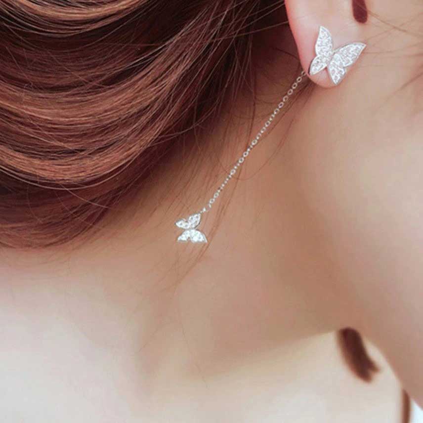 S925 Sølv diamant sommerfugl øredobber med kjede – Accessoirer.no