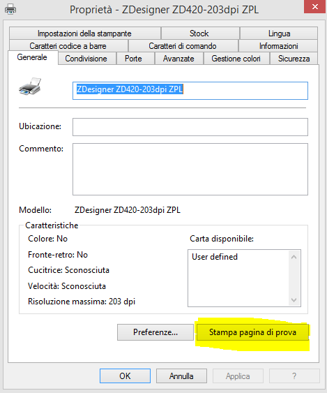 ZD420 stampa pagina di prova