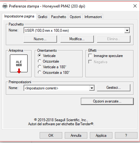 driver PM42 impostazione dimensione etichetta