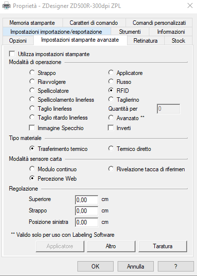 driver ZD500R RFID impostazioni avanzate