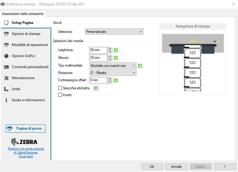 impostazione del driver zebra zd220