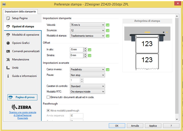 PREFERENZE DI STAMPA DRIVER ZEBRA ZD420