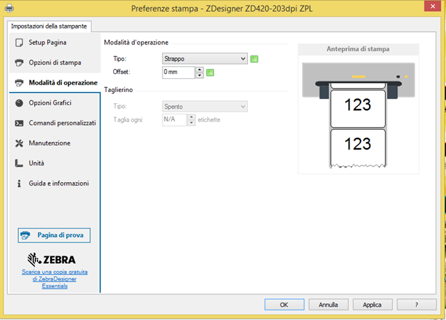 DRIVER ZEBRA ZD420T CONFIGURAZIONE DEI PARAMETRI