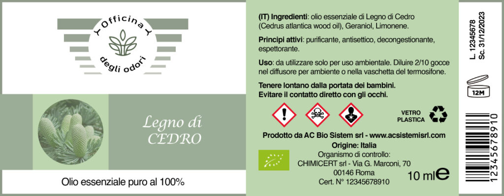 Etichettatura a norma di olii essenziali per diffusori ambientali