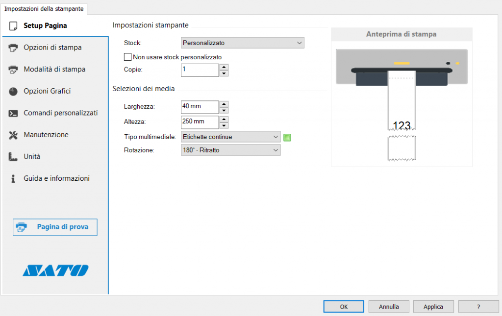 impostazione driver sato ws4 per stampare a modulo CONTINUO